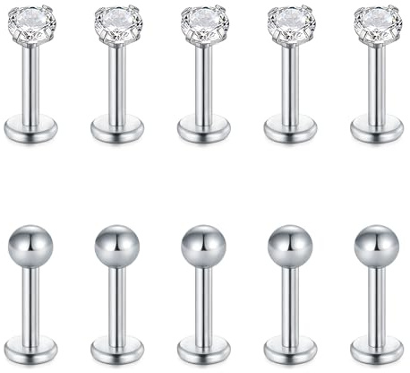 Briana Williams Lot de 10 bouchons de piercing en acier inoxydable avec boule pour lèvres, tragus, labret, hélix - Bijoux de piercing, Acier inoxydable