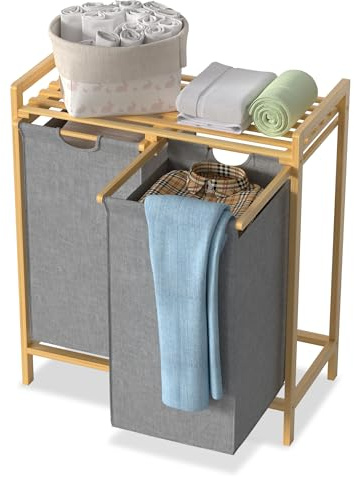 NAIZY Cesto para la colada con 2 compartimentos, 72 L/2 x 36 L, tela Oxford, cesta para la colada con bambú superior y asa, guías extraíbles, sistema de clasificación de ropa, gris