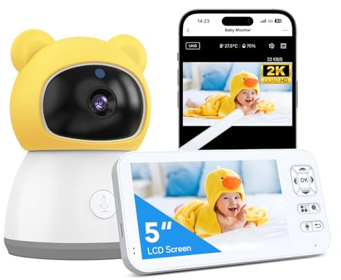 Bvavo Baby Monitor con Fotocamera e Audio, 2K HD Smart Video Baby Camera WiFi Schermo da 5 pollici, Visione Notturna, Sensore di Umidità Temp, Conversazione a 2 Vie, Ninna Nanna, Modalità Sleep