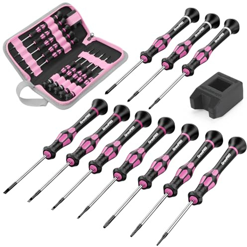 GRENPRO 10-Piece Precision Screwdriver Set, Magnetic Small Screwdrivers with Phillips, Slotted, Torx Star for Eyeglass, Watch, Computer, Laptop, Phone,Pink