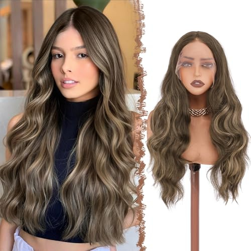 FESHFEN Peluca Lace Front pelo Natural Largas Onduladas Sintética HD Lace Pelucas de Pelo para Mujeres, Marrón Mezclado Rubio 70 cm
