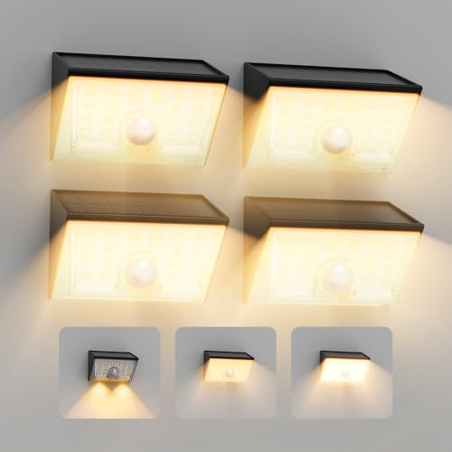 Smiling Shark WL-06 solcellslampor för utomhusbruk, 4 stycken solcellsvägglampor utomhus med rörelsesensor 4 lägen och 120° IP65 vattentät LED superstarkt solljus för trädgård terrass staket, varmt