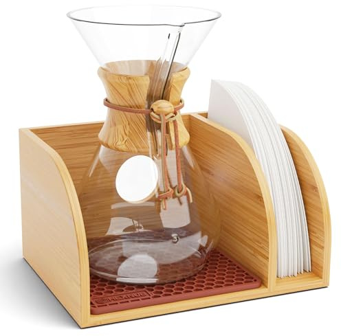 HEXNUB Bamboo Caddy for Pour Over Coffee Maker, Fits Chemex, Bodum, Cosori, Heatproof Mat, Filter Holder