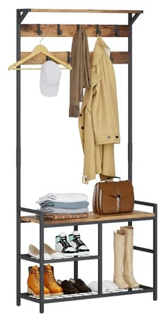 Leader Accessories Garderobenständer mit Bank Metallgarderoben rustikal Kleiderständer 182x30x84cm (HxTxB) Schwarz/Braun