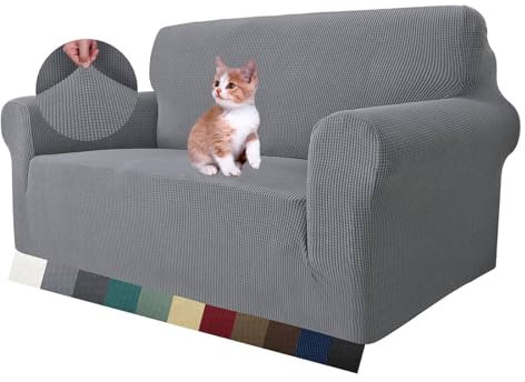 MAXIJIN Super Stretch Couch Cover for 2 Seater Couch, 1-Piece Universal Love Seat Covers Jacquard Spandex Sofa Protector Dogs Pet Friendly Fitted Loveseat Slipcover (2 Seater, Light Grey)