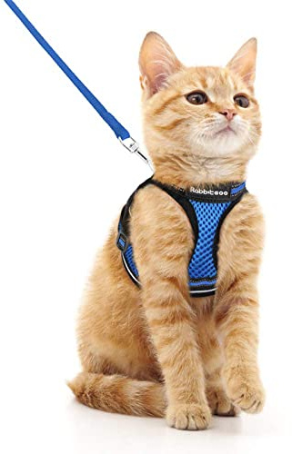 rabbitgoo Cat Harness and Lead Set, Escape Proof Cat Vest with Leash, Soft Comfortable Step-in Kitten Harness, Adjustable and Reflective for Safe Easy Walking, Blue, Medium