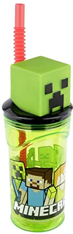 POS 33198 – Vaso para niños con pajita y tapa, transparente, incluye figura 3D en diseño Minecraft, aprox. 360 ml, sin BPA ni ftalatos