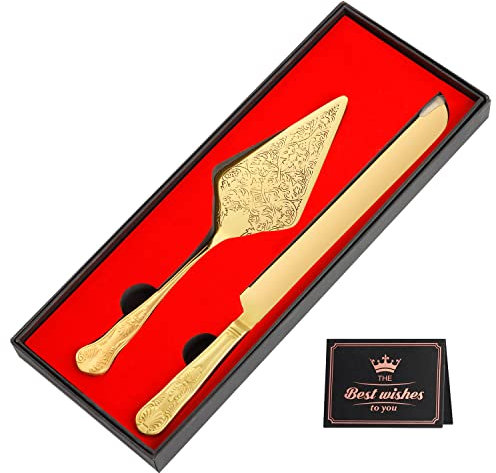 BOLUX-JS Wedding Cake Knife and Server Set, Stainless Steel Cake Cutting Set with Engraved Plating Pattern, Elegant Design, Perfect for Engagement, Anniversary, Birthday, Party, Prom (Gold)