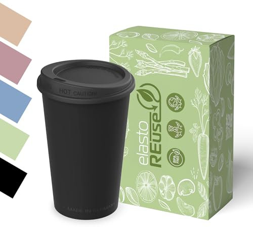 ElastoREuse – Kaffeebecher 250ml Wiederverwendbar für Heißgetränke – Mehrweg Coffee to Go Becher Nachhaltig & Spülmaschinenfest – Kleiner Kunststoff Mehrwegbecher (Schwarz)