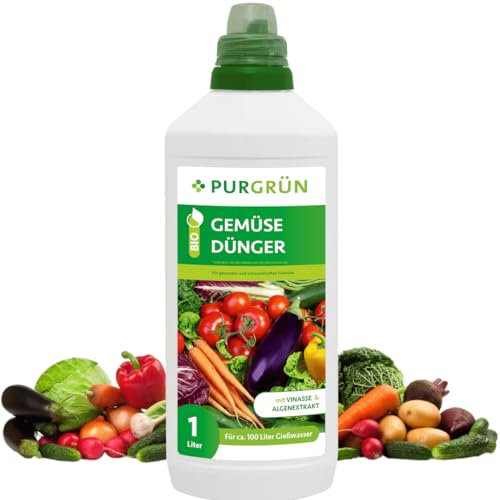 Purgrün® Bio-Gemüsedünger 1 Liter – Hoher Ertrag dank extra Phosphor – Bio & Vegan – Premium-Flüssigdünger – Ohne tierische Inhaltsstoffe – Ergiebiges Konzentrat für 100 Liter Wasser