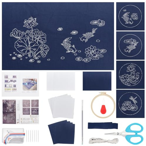FREEBLOSS Lot de 5 kits de broderie Sashiko pour adultes avec fil et aiguilles - Kit de couture à la main pour adultes