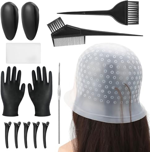 JRJRN Kit di 12 strumenti per la colorazione dei capelli, tappo in silicone con ago per colorare i capelli, spazzola per tintura e ciotola, include cuffia da doccia usa e getta, forcine, pettine,