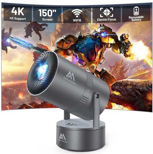 [Eingebauter Akku] Aubor Mentech Mini Beamer 4K Heimkino, Mini Projektor, Beamer WiFi6 und BT5.2 mit Android OS, Auto Trapezkorrektur, 180-Grad-Winkel, 150-Zoll-Display für Phone/PC/Xbox, HDMI