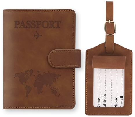 GADITIEK Protege Passeport et Etiquette Valise Set, Cuirs Protège Passeport avec Étiquette Bagage, Pochette Passeport avec RFID pour Protection Passeport, Voyage Francais Etui Passeport