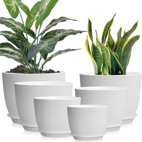 Duscdesp 25/23/20/18/16/12cm Plant Pots Indoor 6 Pcs Large Indoor Plant Pot,Flower Pot House Plastic Plant Pots,Plant Pot Outdoor with Drainage Holes and Saucer for Plant Flower (White)