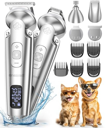 oneisall Dog Clippers & Paw Trimmer 4 in 1 Pet Grooming Kit Customised for Puppies and Cats, Cordless 3-Speed Pet Clippers, Quite IPX7 Waterproof Dog Trimmer for Full-Body Grooming