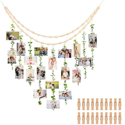 Yabound bildram collage, fotovägg med klämmor, boho fotoram dekoration med simulerade eukalyptusblad och träpärlor, hängande bildram för heminredning