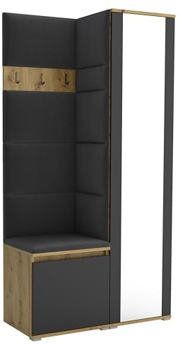 Brent - Garderobenschrank Flur Artisan Eiche Schwarz mit sitzbank 95 cm Breit Luton 6 - Multifunktionale Flurgarderobe Set mit Stauraum und Wandpaneel, Garderobe mit Sitzfläche und Kleiderhaken