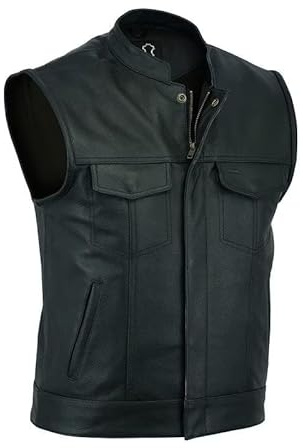 Men's Inspired Leather Cut-Off Waistcoat Vest – Premium Full Grain Design (UK, Alpha, 5XL, Regular, Regular, Black)