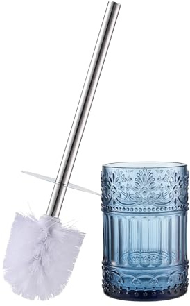 Decorative Glass Toilet Brush and Holder Set, 14.8 inch Height, Blue