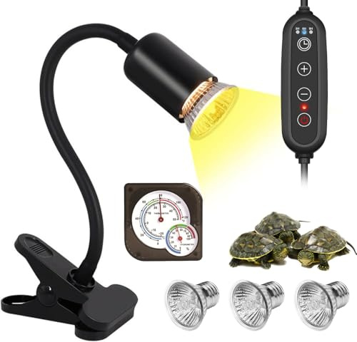 Dhqkqg Lampe Chauffante Tortue, avec 3 Ampoules(25W+2x50W), Thermohygromètre et Timing, E27 Lampe Chauffante Terrarium pour reptiles rotative à 360° pour lézards, tortues, serpents, caméléons