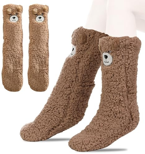 FOSDICK Ourson Cartoon Chaussette Chausson, Chausson Chaussette Femme Chaudes Hiver, Chaussettes Chaussons Antidérapantes, Mignon Thermiques Chaussettes Polaire Femme, Cadeau Noel pour Femmes Filles