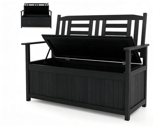 KOMFOTTEU Trädgårdsbänk för 2 personer, utomhusbänk med 185 l förvaringslåda, parkbänk i poppelträ, 2-i-1 låda, 250 kg belastning, 123 x 68,5 x 96 cm (svart)