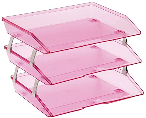 Acrimet Vassoio Facility Portalettere a 3 Ripiani/Organizzatore di Documenti per Scrivania, Laterale A4, Plastica (Colore Rosa Trasparente)
