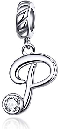 LaMenars alfabet berlock 925 sterlingsilver berlock pärla A till Z kubisk zirkonia hänge kompatibelt med Pandora och europeiska armband damhalsband (Letter A), One Size, Kubisk zirkonia