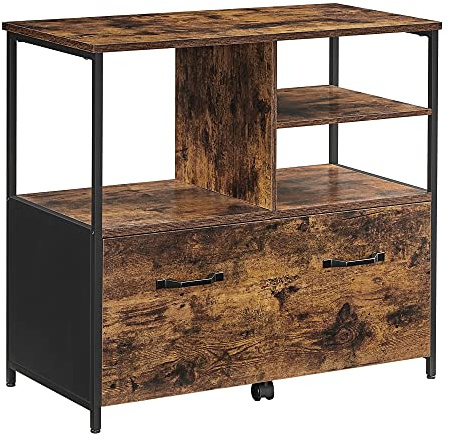 VASAGLE Home Office File Cabinet, File Cabinet with Drawers and Open Shelves, A4 Letter Document Printer Stand with Wheels, Industrial Rustic Brown Black OFC043B01