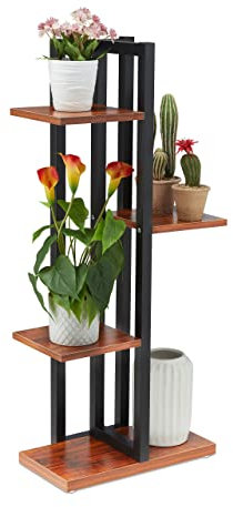 Relaxdays Blumenregal Metall, 4-stufige Indoor Blumentreppe, Holzoptik, HBT: 93x42,5x22,5 cm, Pflanzenregal, dunkelbraun