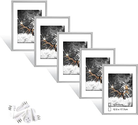 Dmyifan 5er Bilderrahmen 13×18 cm Silber Set, Fotorahmen mit Plexiglas, Hoch- und quer aufhängbarer Rahmen für Fotos. Portraits | Picture Frame