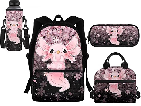 HELLHERO Axolotl Backpack for Kids Girls School Bag Age 7 8-10 10-12 12-14 13-15 Cherry Blossom Lunch Bag Preschool Elementary Schoolbag Bookbag with Pencil Case Water Bottle Sleeve