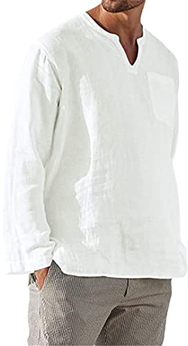 Rfmfkkg Camisas de lino de algodón negro para hombre, camisas Henley de manga larga con cuello en V, camisa casual de playa, blanco, S
