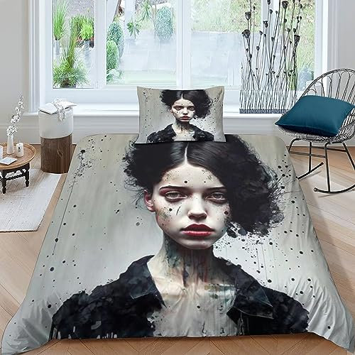 MEFESE Gotisch Kunst Bed Linen 2 Piece Krimi Horror Duvet Cover 3D Print Mikrofaser Für Kinder Teenager Erwachsene Tagesdecke Bezug with Zip Hypoallergener Hypoallergener Bedding Single（135x200cm）