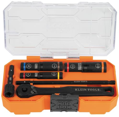 Klein Tools 65238 Lot de 3 douilles à choc profond avec boîtier modulaire, très résistantes, 3 douilles à code couleur, 6 tailles SAE, entraînement 1/4, 3/8