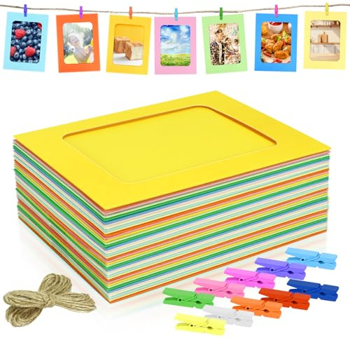 Neworkg 50 Pack Paper Picture Frames, 4x6 Colorful Photo Holder with Wooden Clips and String for Wall Decor and Party Supplies