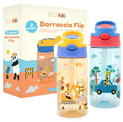 BOZ Flip Wasserflaschen für Kinder 2er-Pack – Designs Cars & Construction für Jungen, 14 oz, Druckknopf-Pop-Up-Strohhalm, Spülmaschinenfest, Auslaufsicher für Kleinkinder