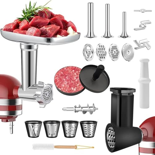 Köttkvarn och ostrivjärn, tillsats för Kitchenaid mixer med 4 kvarnplattor, slicer dokumentförstörare tillbehör mixer med 3 metallrör och 3 blad (köttkvarn och ostrivjärn)