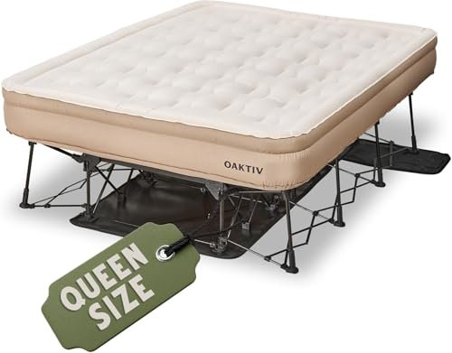 Oaktiv Queen Air Mattress with Frame, Self Inflating/Deflating Bed for Adults - PeakRest Blow Up Bed, Camping Cot with Mattress for Adults - Portable Queen with Travel Rolling Case on Wheels