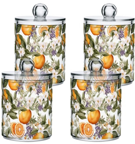 CHIFIGNO Juego de 4 dispensadores de cítricos naranjas con flores, frascos de boticario, contenedor de brochas de maquillaje para bolas de algodón, hisopos, hilo dental, esponjas de maquillaje, clip