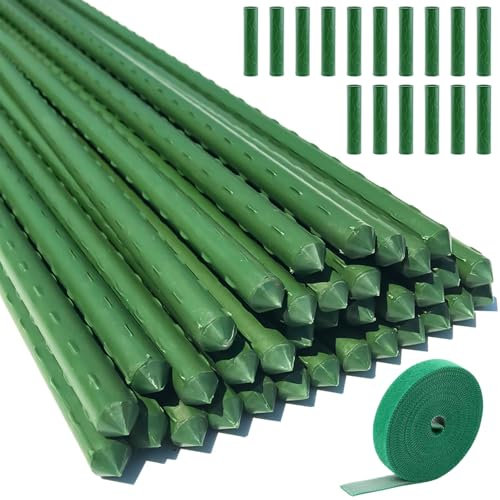 VEGCOO 32 Garden Plant Stakes, with 16 Connectors and 1 Plant Ties, 11mm*40cm Plant Support Sticks, Plastic Coated Steel Tube Garden Stakes for Vegetables, Plants, Shrubs Andflowers