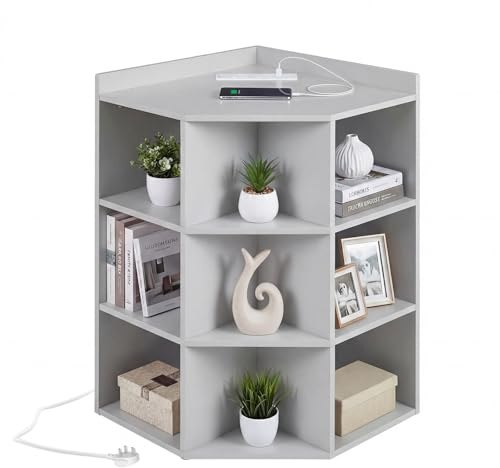 COSTWAY 4-Tier Corner Bookcase, Wooden Open Bookshelf with 9 Cubbies, Charging Station, USB, Type-C Port & 2 Outlets, Cube Storage Organizer Display Shelf for Bedroom, Living Room and Study (Gray)