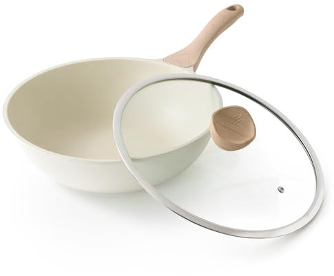 Kordisen Wok 30 cm, Wok a Induzione con Coperchio, Rivestimento Antiaderente, Adatto a Tutti i Piani Cottura, Senza PFOA (Crema)