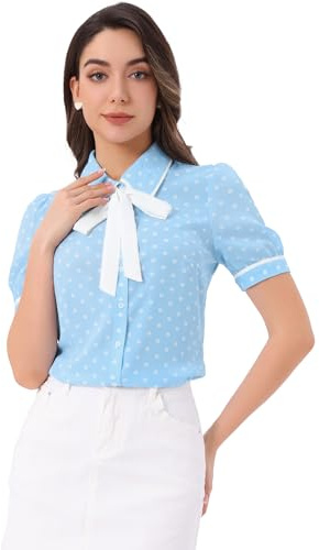Allegra K Women's Polka Dots Peter Pan Collar Tie Neck Short Sleeve Shirt Top Baby Blue M