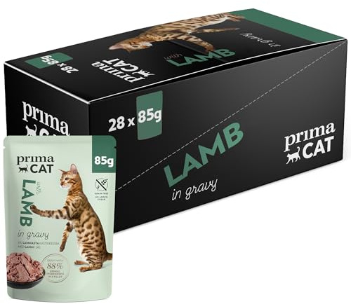 PrimaCat – klassiskt våtfoder för katter, lamm i steksås, 28-pack med 85 g vardera