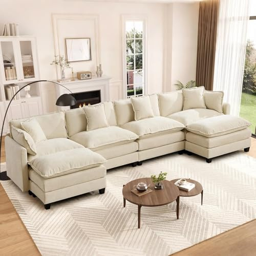 SoarTalent Sofá modular modular de 150 pulgadas en forma de L, sofás convertibles de gran tamaño, sofá de felpilla de 4 plazas con asiento profundo SleeperCloud con almohadas y 2 otomanas para sala de