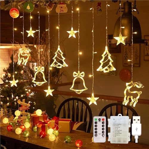 OVOISSTIY Rideau Lumineux Étoiles, 3.5M 8 Modes Guirlande Lumineuse de Noël IP44, Lumières de Ventouse USB/Batterie Intérieur, Fenêtre Noël Lumière fonction Timer/Mémoire pour Noel Célébration Soirée