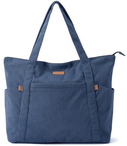 Lekespring Cord Tasche Damen, Groß Tote Bag Strandtasche mit Reißverschluss, Shopper Tasche Damen Laptoptasche mit 15.6 Zoll Laptopfach, Elegant Handtasche Umhängetasche für Arbeit Schule Gym-Blau