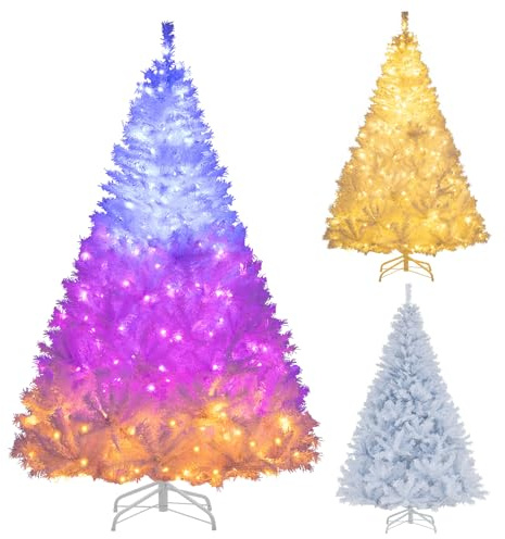 GYMAX Sapin de Noël Artificiel Lumineux 180 cm, 280 Lumières LED Multicolores, 11 Modes d'Éclairage, 1000 Branches Blanc en PVC, Base Métallique Pliable, Structure Articulée pour Montage Facile